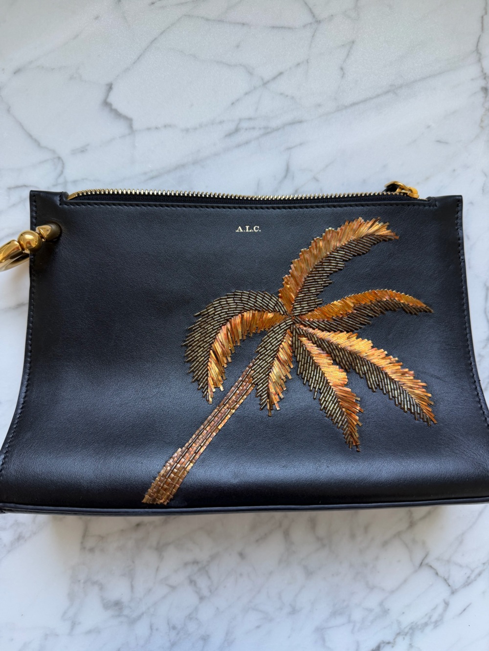 A.L.C. Black Leather Clutch with Metallic beaded Palm Motif